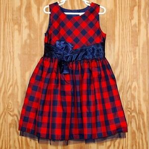 🎀 Cat & Jack Red & Navy Plaid Dress w/ Satin Sash – Size S (6/6X)